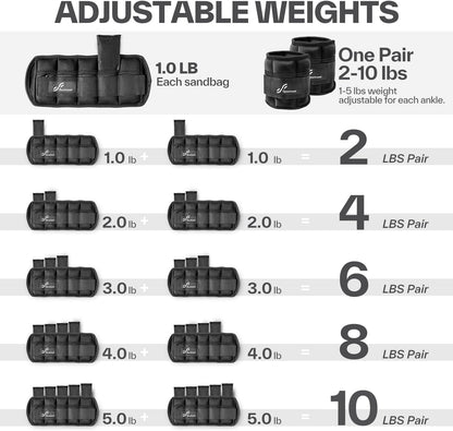 Adjustable Ankle Weights 1 Pair 2 4 6 8 10 Lbs. Leg Weight Straps for Women Men