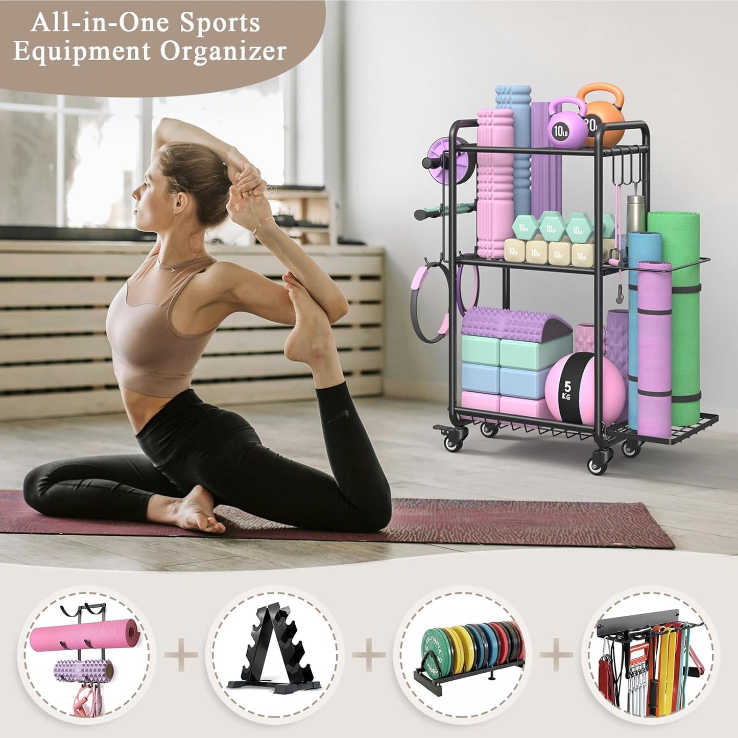 Weight Rack for Home Gym, All in One Mat Storage Rack, Workout Equipment Storage with Wheels and Hooks for Dumbbells Kettlebells Foam Rollers, Powder Coated