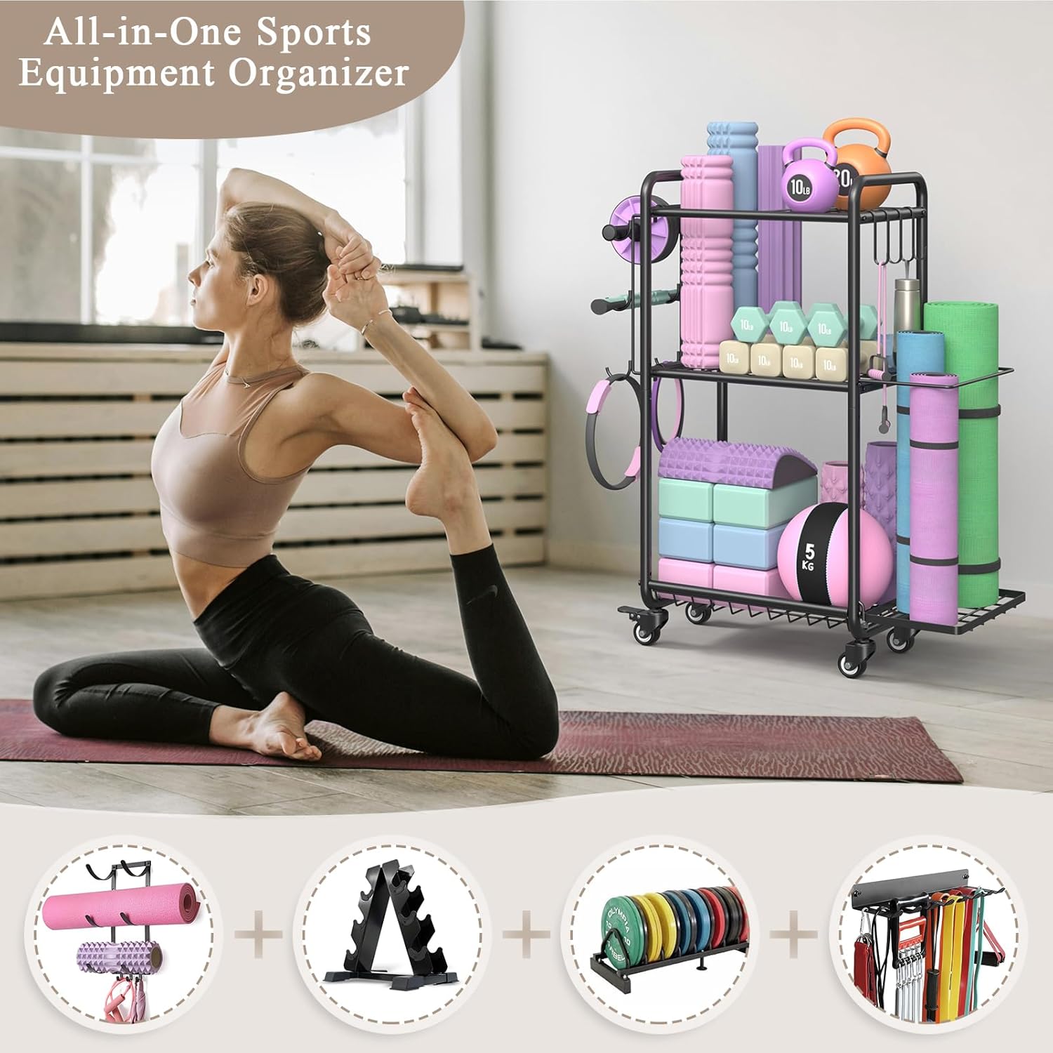 Weight Rack for Home Gym, All in One Mat Storage Rack, Workout Equipment Storage with Wheels and Hooks for Dumbbells Kettlebells Foam Rollers, Powder Coated