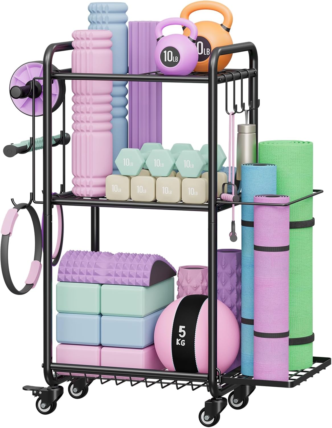 Weight Rack for Home Gym, All in One Mat Storage Rack, Workout Equipment Storage with Wheels and Hooks for Dumbbells Kettlebells Foam Rollers, Powder Coated