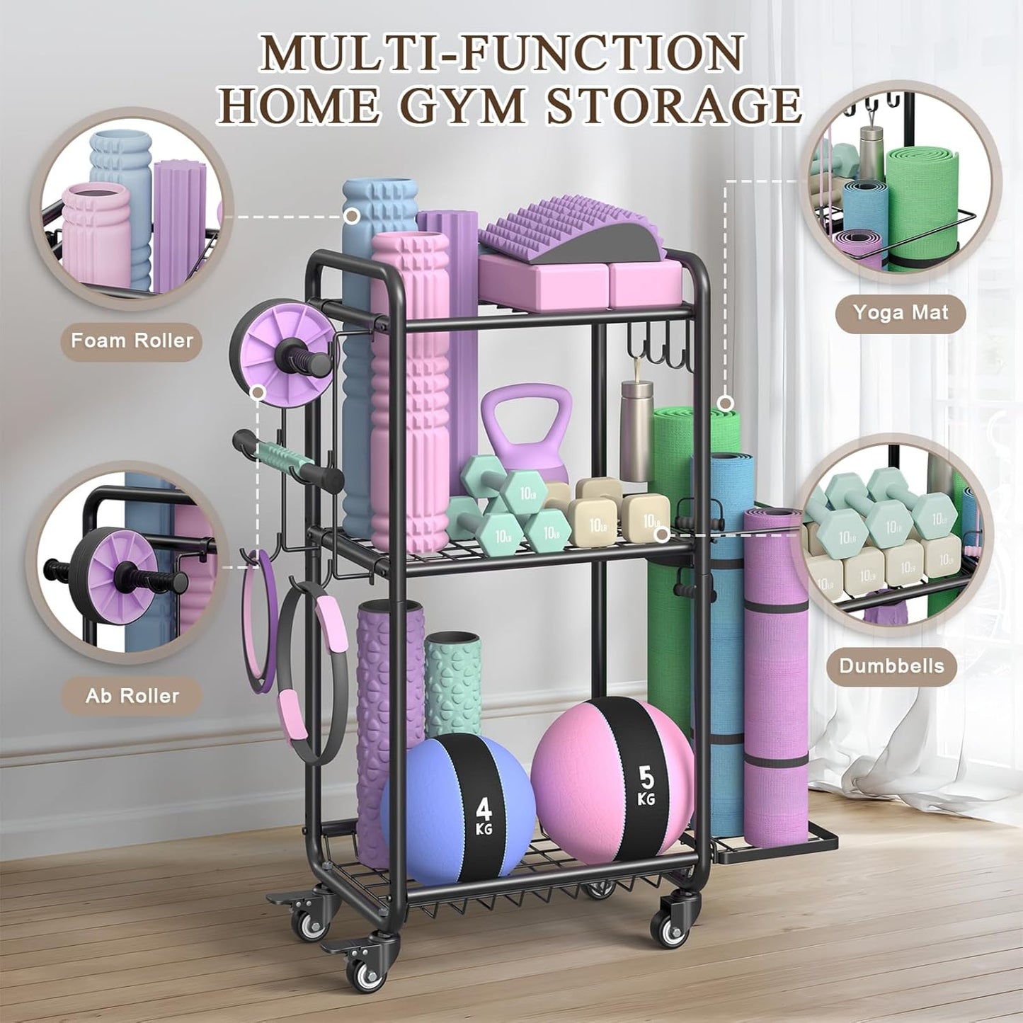 Weight Rack for Home Gym, All in One Mat Storage Rack, Workout Equipment Storage with Wheels and Hooks for Dumbbells Kettlebells Foam Rollers, Powder Coated