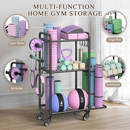 Weight Rack for Home Gym, All in One Mat Storage Rack, Workout Equipment Storage with Wheels and Hooks for Dumbbells Kettlebells Foam Rollers, Powder Coated