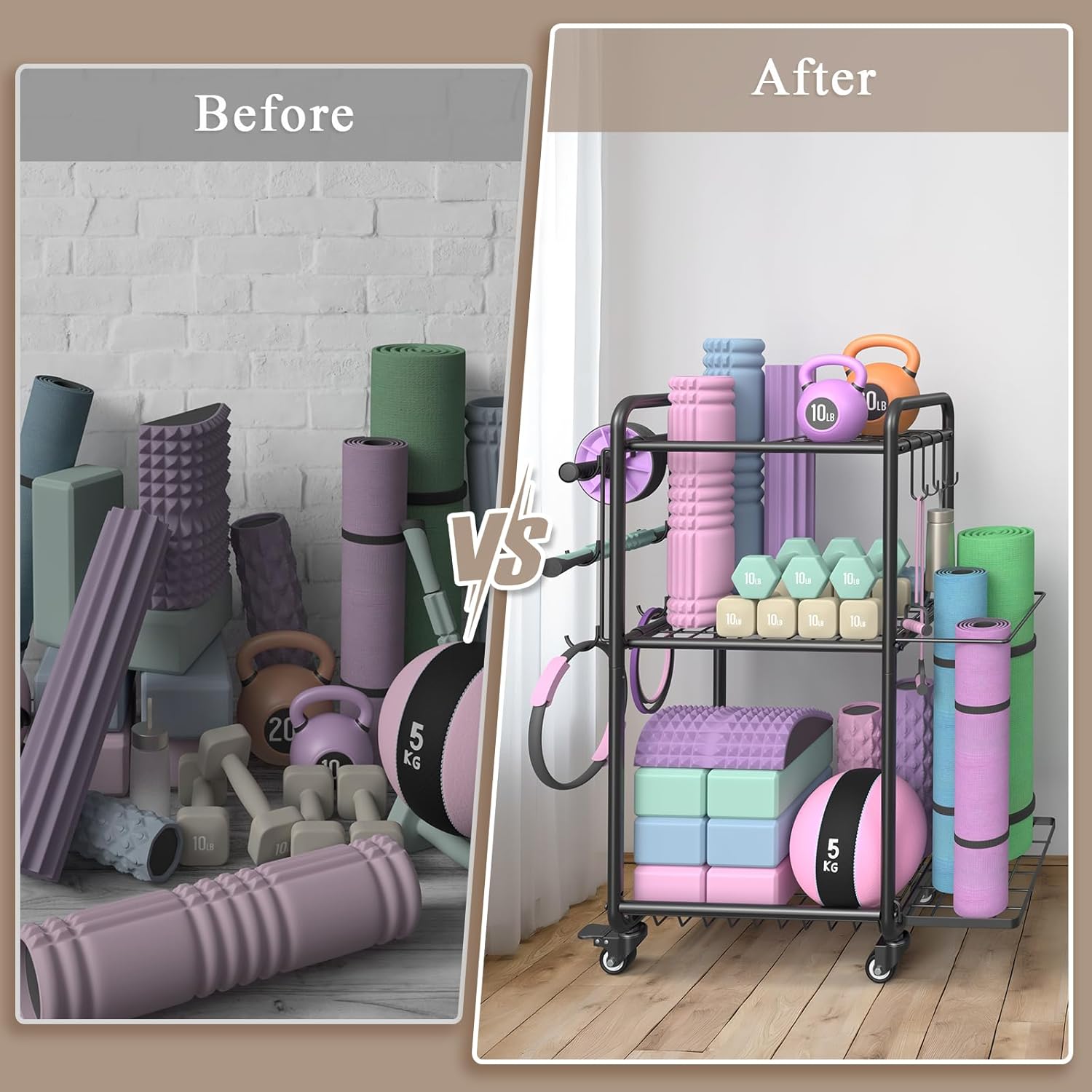 Weight Rack for Home Gym, All in One Mat Storage Rack, Workout Equipment Storage with Wheels and Hooks for Dumbbells Kettlebells Foam Rollers, Powder Coated