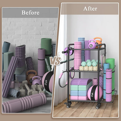 Weight Rack for Home Gym, All in One Mat Storage Rack, Workout Equipment Storage with Wheels and Hooks for Dumbbells Kettlebells Foam Rollers, Powder Coated