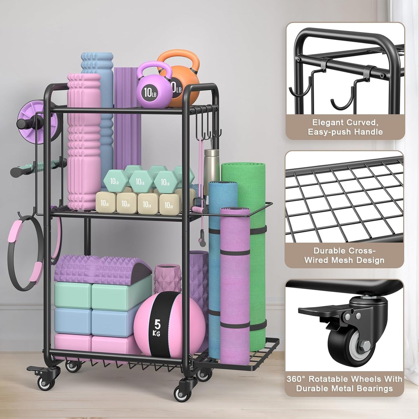Weight Rack for Home Gym, All in One Mat Storage Rack, Workout Equipment Storage with Wheels and Hooks for Dumbbells Kettlebells Foam Rollers, Powder Coated